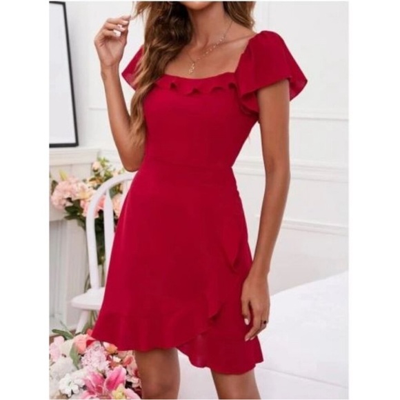 SHEIN Red Square Neck Ruffle Trim Dress EUC Size XL - Picture 1 of 6